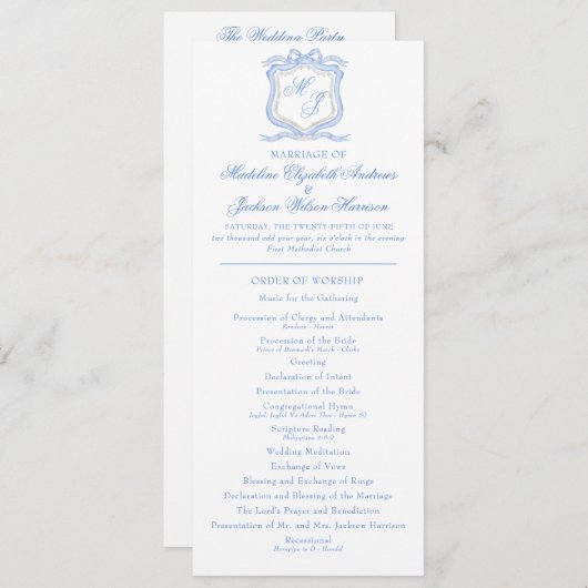Hochzeitssache des Blue Monogram Wappen Watercolor Programm (Vorne/Hinten)