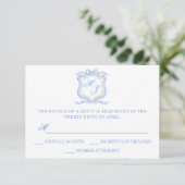 Hochzeitssache des Blue Monogram Wappen Watercolor RSVP Karte (Stehend Vorderseite)