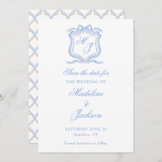 Hochzeitssache des Blue Monogram Wappen Watercolor Save The Date (Vorne/Hinten)