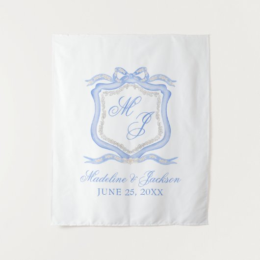 Hochzeitssache des Blue Monogram Wappen Watercolor Wandteppich (Vorderseite)