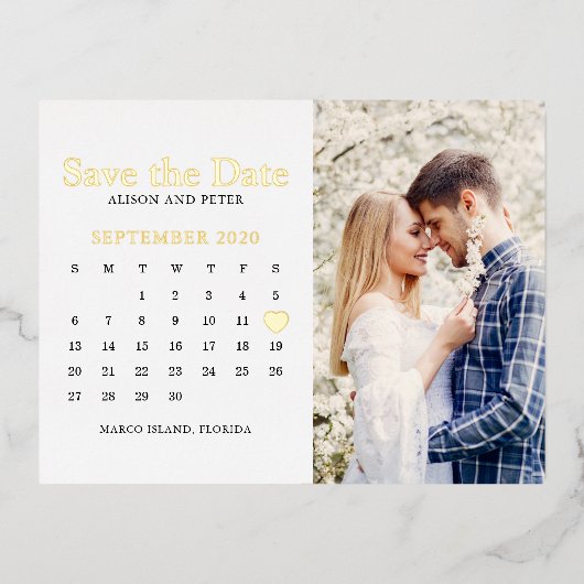 Hochzeitssachen speichern des Fotos Datumskalender Folie Einladungspostkarte (Vorderseite)