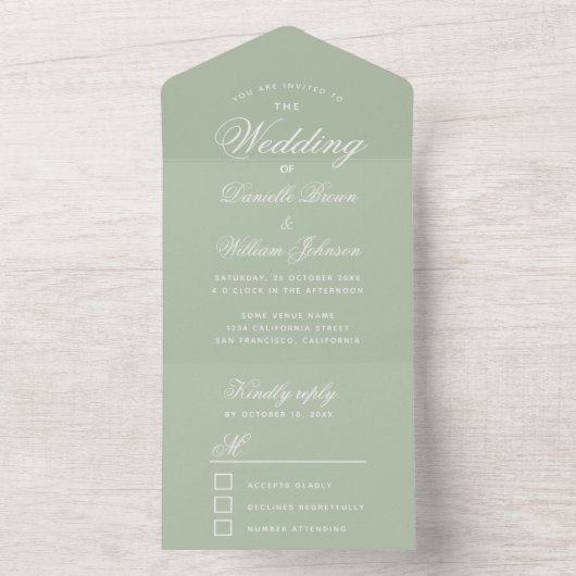 Hochzeitssage Green Elegant Script Calligraphy UAW All In One Einladung (Innen Boden)