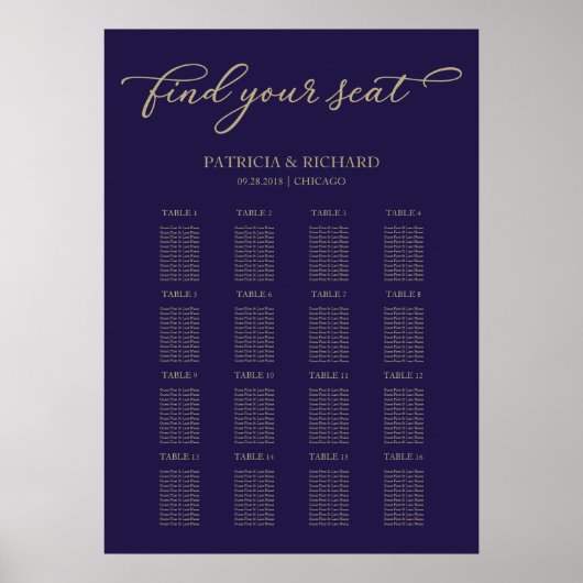 Hochzeitssatellite Schildern Chic Gold Navy Blau Poster (Vorne)