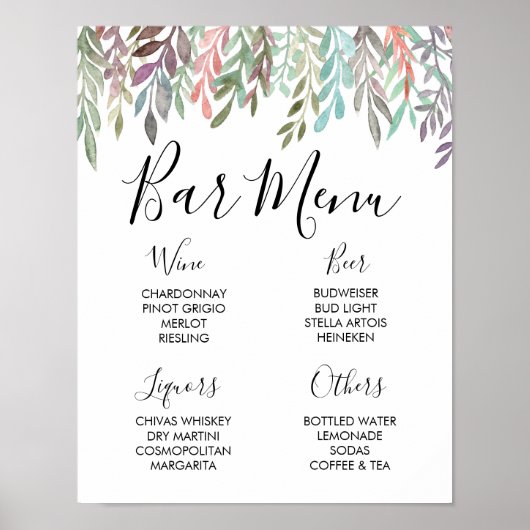 Hochzeitsschild – Bar-Menü-Wasserfarbe-Grünzeichen Poster (Vorne)