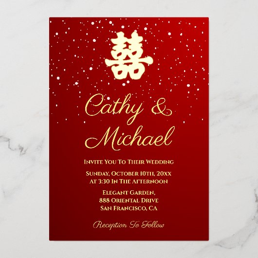 Hochzeitsschneeflocke in Rot-Chinesisch Folieneinladung (Vorderseite)