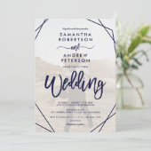 Hochzeitsschrift für Foto in Navy Einladung (Stehend Vorderseite)