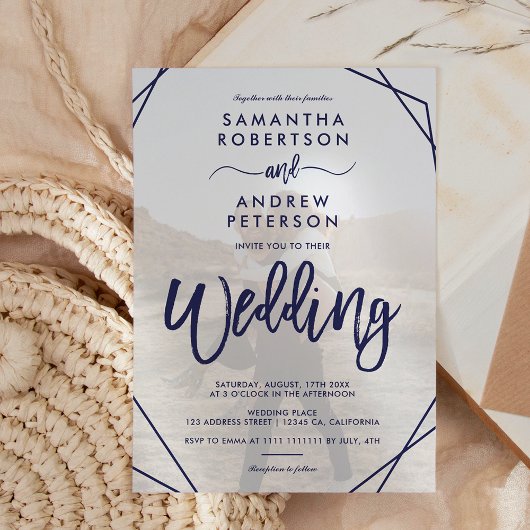 Hochzeitsschrift für Foto in Navy Einladung