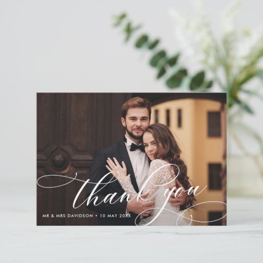 Hochzeitsschrift für weißes Foto Dankeskarte (Stehend Vorderseite)