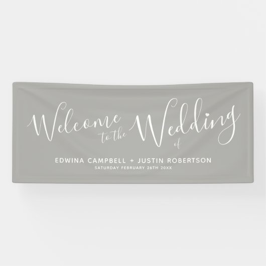 Hochzeitsschrift mit weißem Herz auf grauem Empfan Banner (Horizontal)