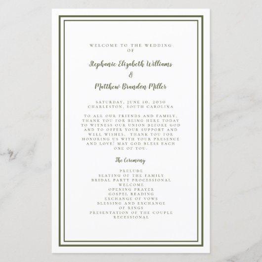 Hochzeitsschrift Modernes Olive Green Zeremony Pro (Vorderseite)