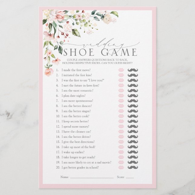 Hochzeitsschuh Rosa Blumen Hochzeitsdusche-Spiel (Vorderseite)