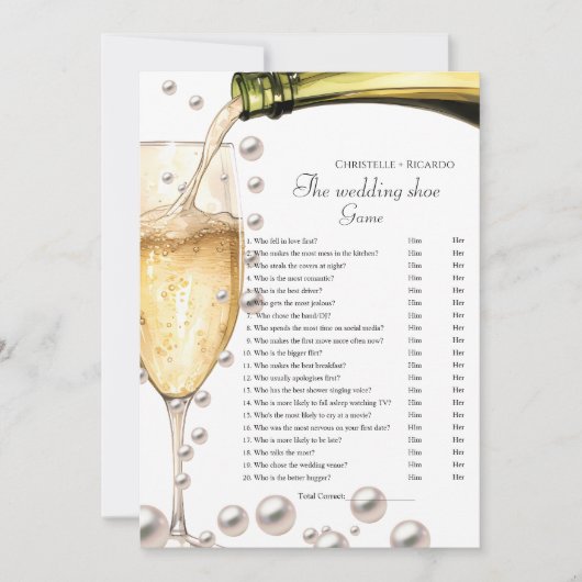 Hochzeitsschuhspiel Pearl & Prosecco Party Card Ankündigung (Vorderseite)