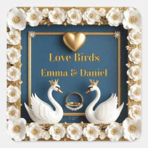 Hochzeitsschwan benutzerdefinierter Name Blau Deko Quadratischer Aufkleber