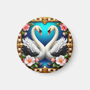 Hochzeitsschwäne, gerahmt mit Gold und Blüten Magnet