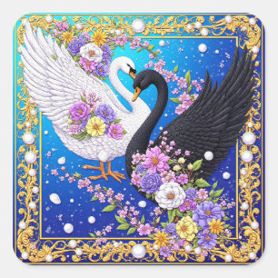 Hochzeitsschwäne, gerahmt mit Gold und Blüten Quadratischer Aufkleber