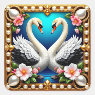 Hochzeitsschwäne Gerahmt mit Gold und Blüten Quadratischer Aufkleber