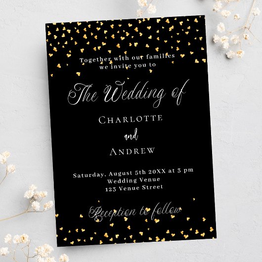 Hochzeitsschwarz goldene Herzen eleganter Drehbuch Einladung