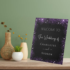Hochzeitsschwarz lila Glitzern willkommen Sockelschild