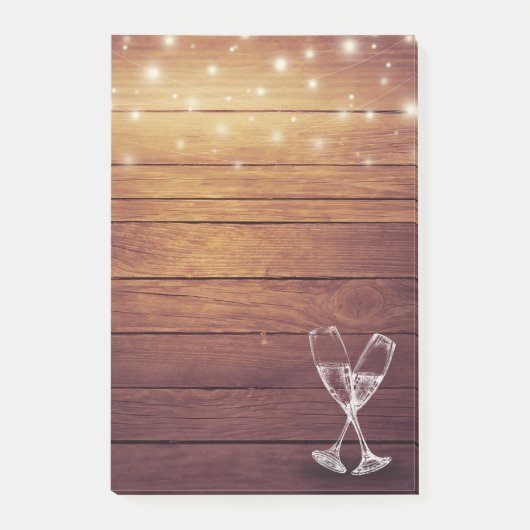 Hochzeitssekt Brille String Light Rustic Wood Post-it Klebezettel (Vorderseite)