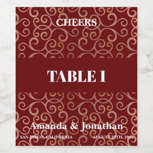 Hochzeitssemble Tischnummer Rotes Barock Design We Weinetikett (Einzelnes Label)