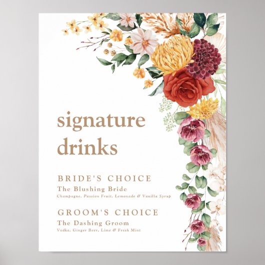 Hochzeitssignatur Drinks rustikale Boho Blume Poster (Vorne)