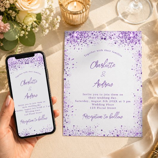 Hochzeitssilber lila Glitzern Einladung
