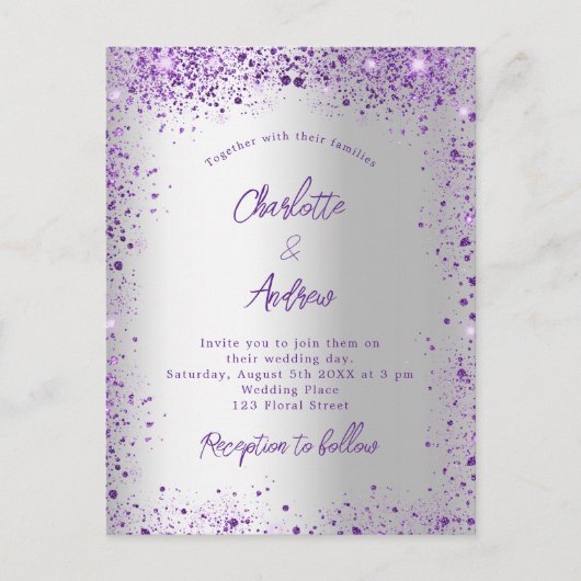 Hochzeitssilber lila Glitzern Einladungspostkarte (Vorderseite)