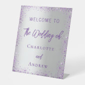 Hochzeitssilber lila Glitzern willkommen Sockelschild (Vorderseite)