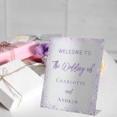 Hochzeitssilber lila Glitzern willkommen Sockelschild