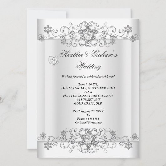 Hochzeitssilber Weiße Diamantherzen Einladung (Rückseite)