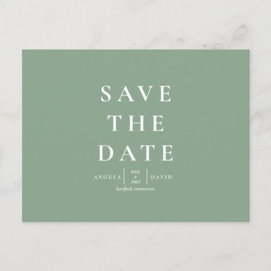 Hochzeitssimulation Modern Sage Save the Date Postkarte (Vorderseite)