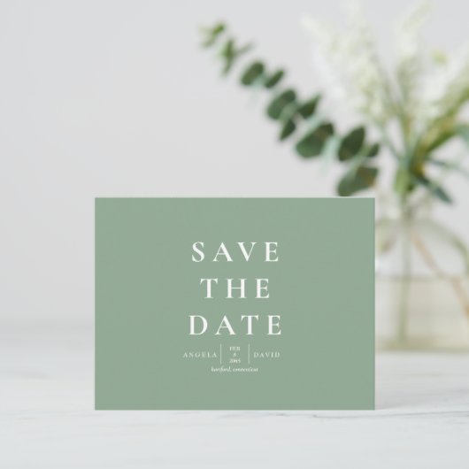 Hochzeitssimulation Modern Sage Save the Date Postkarte (Stehend Vorderseite)
