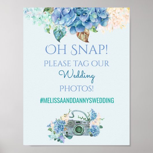 Hochzeitssing-Fotos Hashtag Blue Hydrangeas Poster (Vorne)