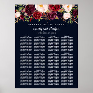 Hochzeitssitzdiagramm Burgundy Navy Floral Poster