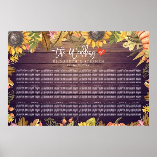 Hochzeitssitzdiagramm Herbst Blätter Pumpkins Holz Poster (Vorne)
