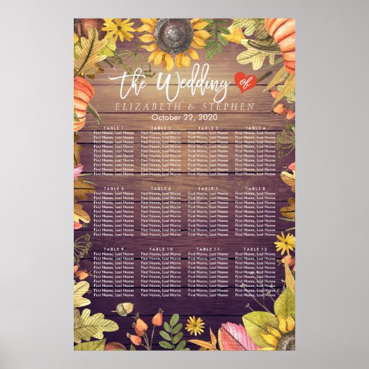 Hochzeitssitzdiagramm Herbst Blätter Pumpkins Holz Poster (Vorne)