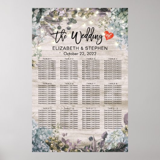 Hochzeitssitzdiagramm mit floralen Holzsaitenleuch Poster (Vorne)