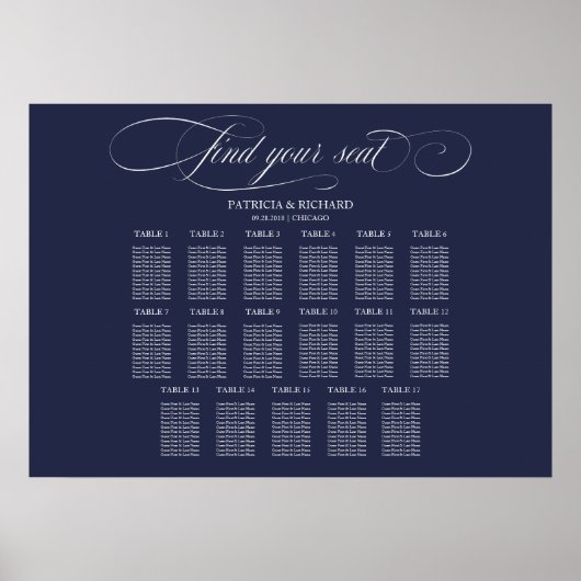 Hochzeitssitzdiagramm Zeichen 17 Tische Navy Blue Poster (Vorne)