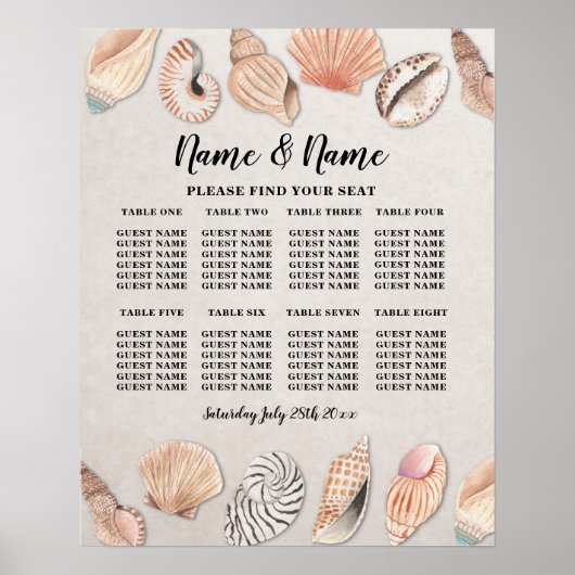 Hochzeitssitze 8 Sitzplätzen Muscheln Ozean Poster (Vorne)