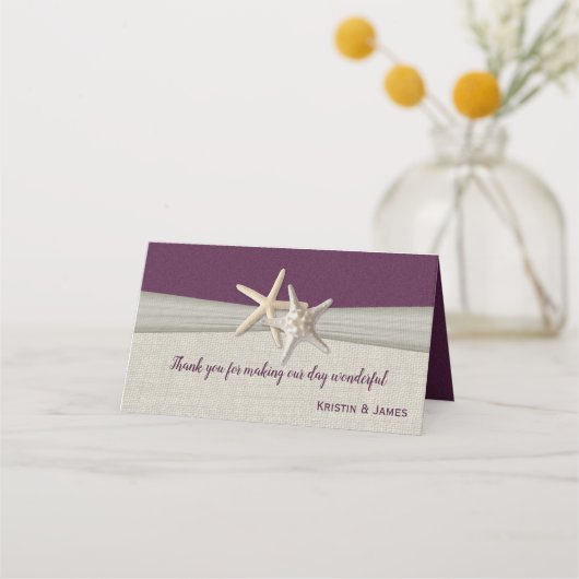 Hochzeitssitze von Starfish und Burlap Eggplant Platzkarte (Vorderseite)
