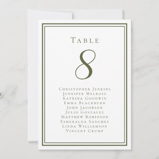 Hochzeitssitzende Tischnummer Olive Green (Rückseite)