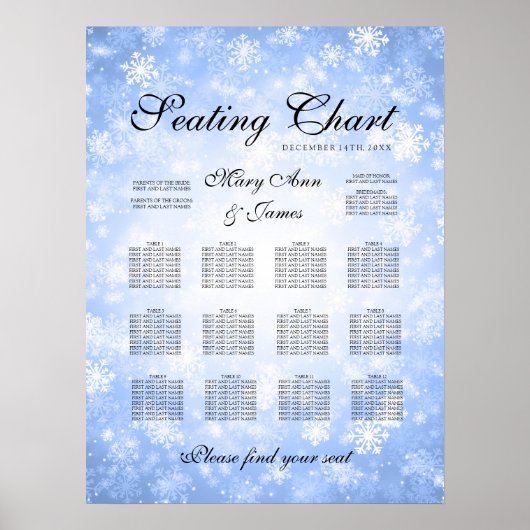 Hochzeitssitzkarte Blue Winter Wonderland Poster (Vorne)