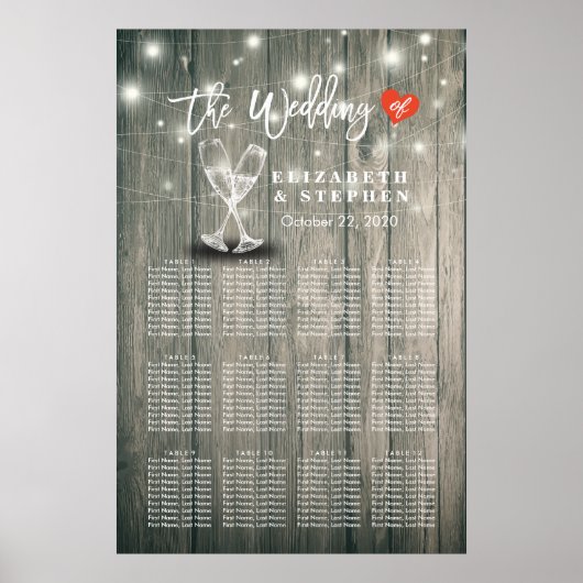 Hochzeitssitzkarte Champagner Brille Wood Light Poster (Vorne)