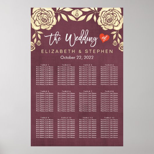 Hochzeitssitzkarte Chic Gold Rose Burgundy Red Poster (Vorne)