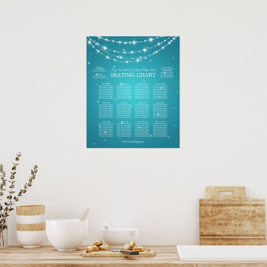 Hochzeitssitzkarte mit glitzernder Kette Türkis Poster (Küche)