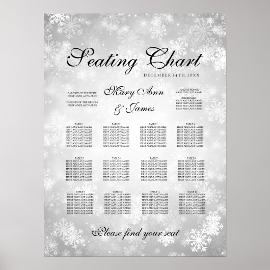 Hochzeitssitzkarte Silver Winter Wonderland Poster (Vorne)