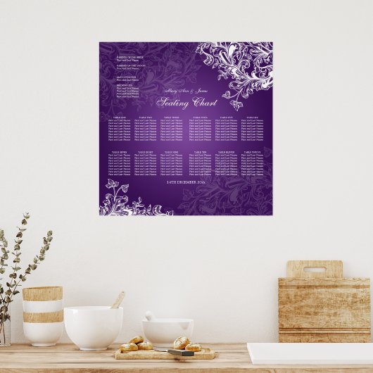 Hochzeitssitzkarte Vintage Wirbel Lila Poster (Küche)