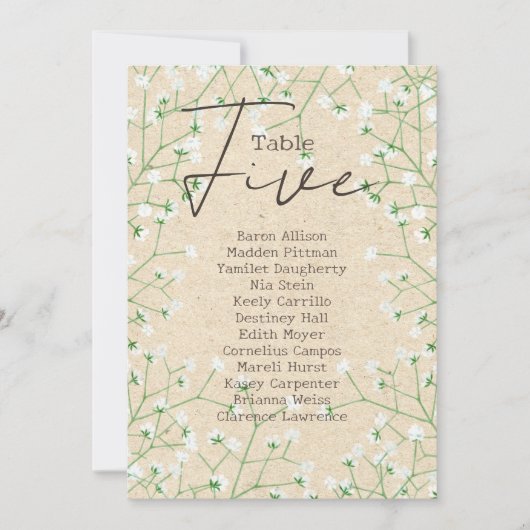 Hochzeitssitzplan für die Gypsophila-Tischnummer 5 Einladung (Vorderseite)