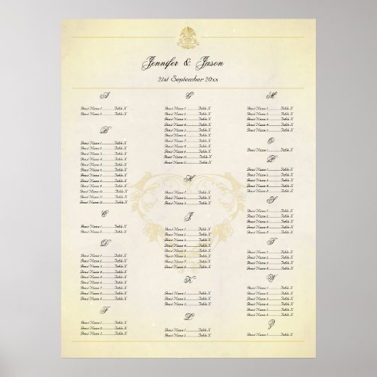 Hochzeitssitzplan im Vintagen Pergamentstil Poster (Vorne)