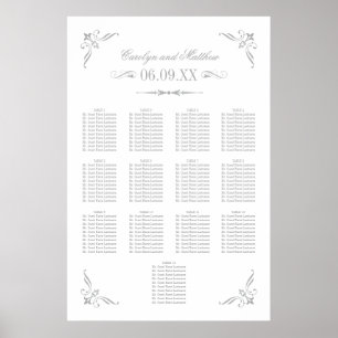 Hochzeitssitzplan mit Vintage-Silber-Schwüngen Poster
